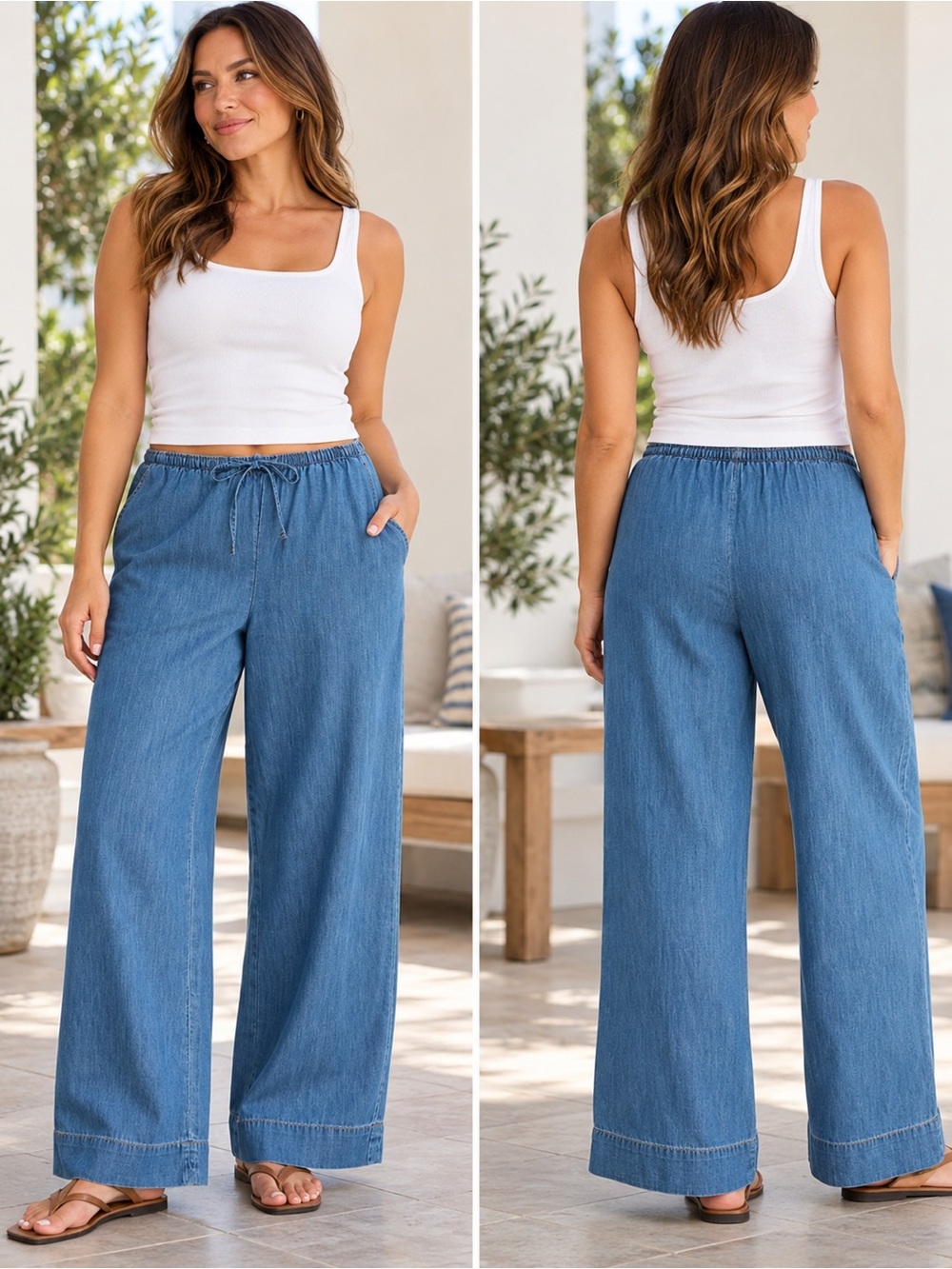 Abercrombie Fitch Pants Women XL Long Wide Leg Blue Chambray Cotton Blend Pocket